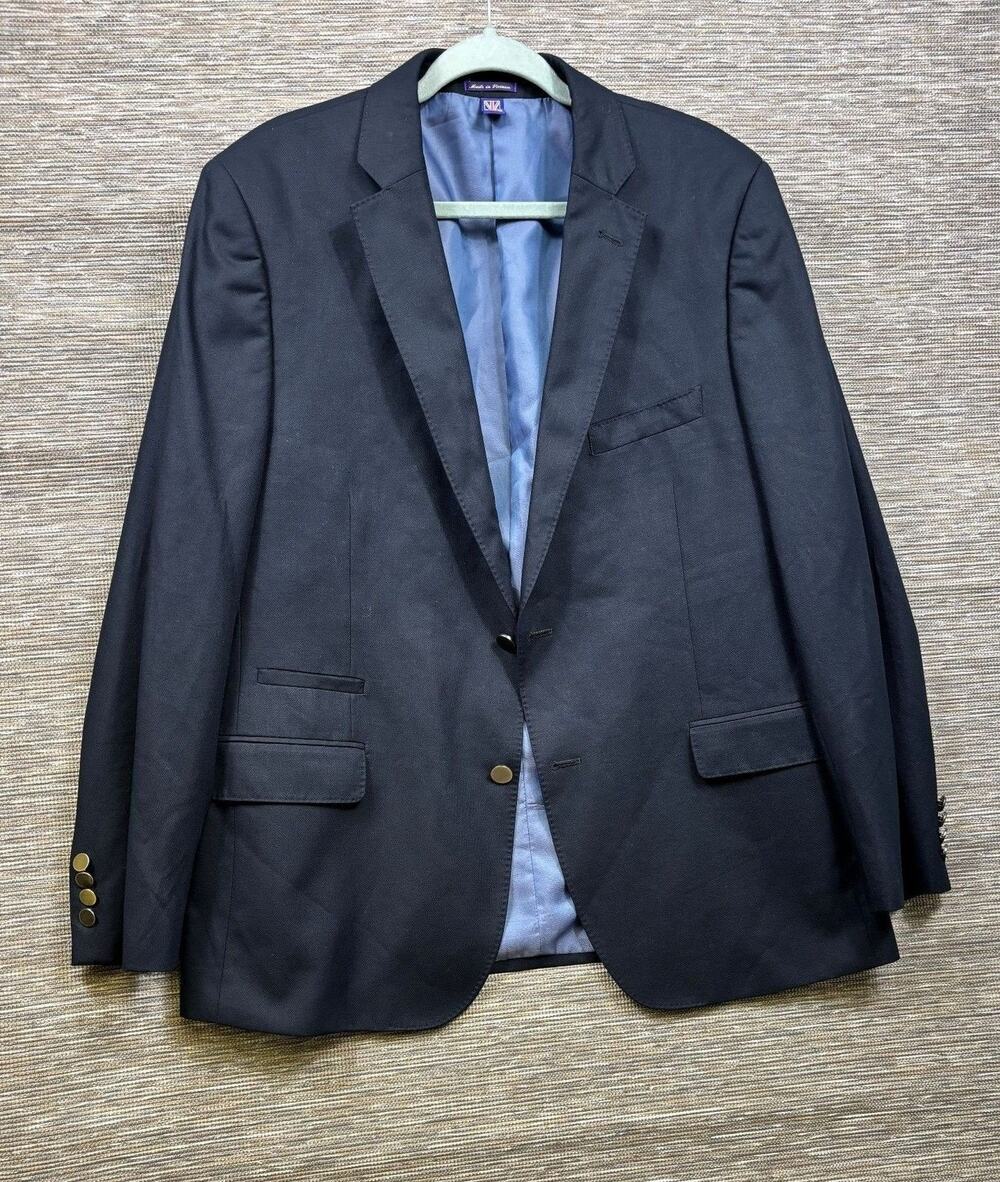 The Savile Row Co Blazer Mens 44R Blue Solid Poly Rayon Suit Jacket Notch Lapel